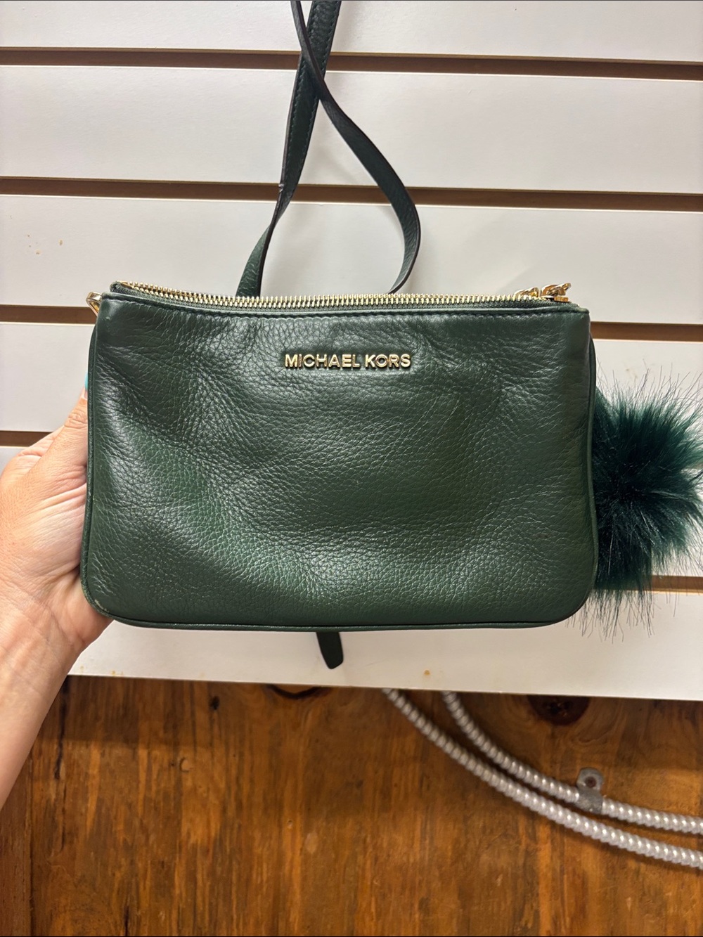 MICHAEL KORS Forest Green Leather Crossbody with Pom-Pom